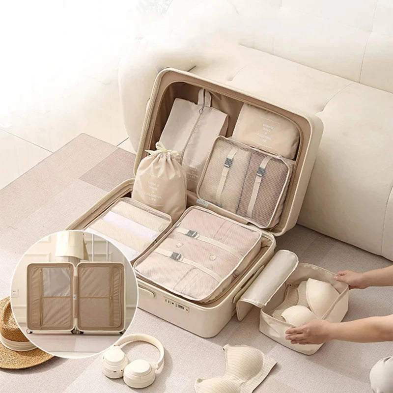 9Pcs Travel Organizer Storage Bags Suitcase Packing Cubes Portable Fold Wardrobe Luggage Clothes Shoe Pouch With Makeup Bag