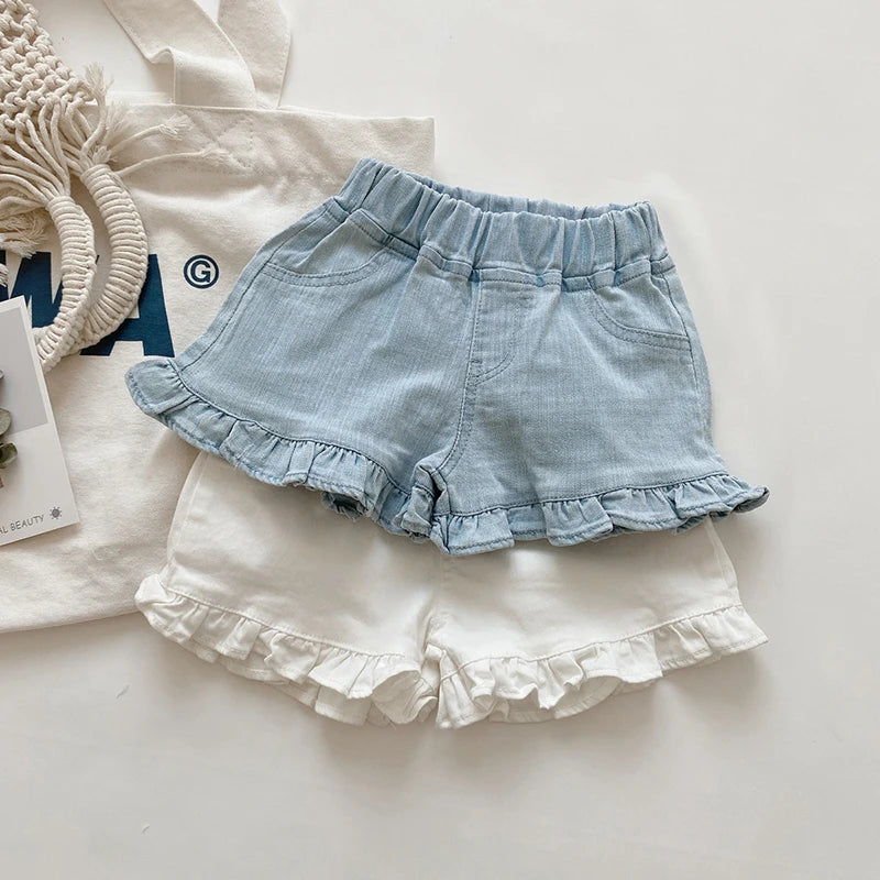 Summer Kids Shorts Solid Brief Denim Girls Ruffle Shorts Children Clothes Teenage Girl Jeans