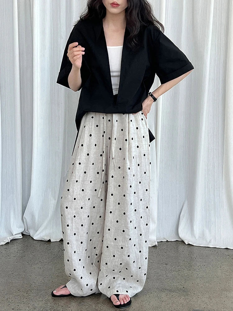 [EAM] High Elastic Waist Linen Dot Embroidery Wide Leg Long Pants New Trousers Women Fashion Tide Spring Autumn 2025 1DJ1548