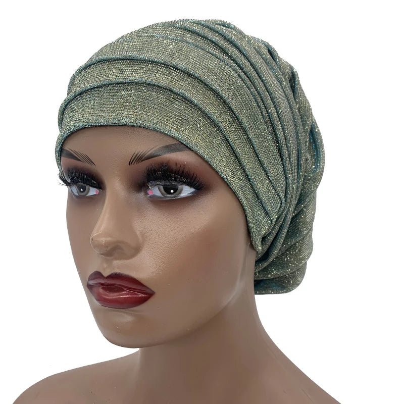 Glitter Full Body Pleated Turban Cap for Women 2023 Lady Head Wraps Muslim Headscarf Hat Turbante Mujer African Headpiece