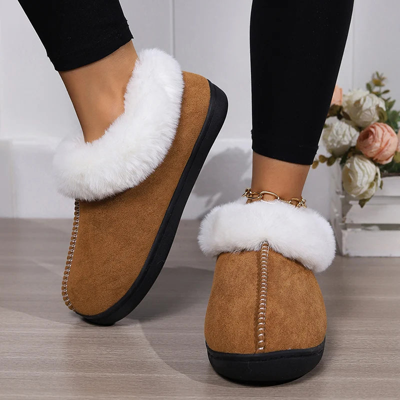 2024 Winter Warm Fur Indoor Home Slippers Women Faux Suede Closed Toe Couple Slippers Woman Comfort Soft Sole House Shoes Slides