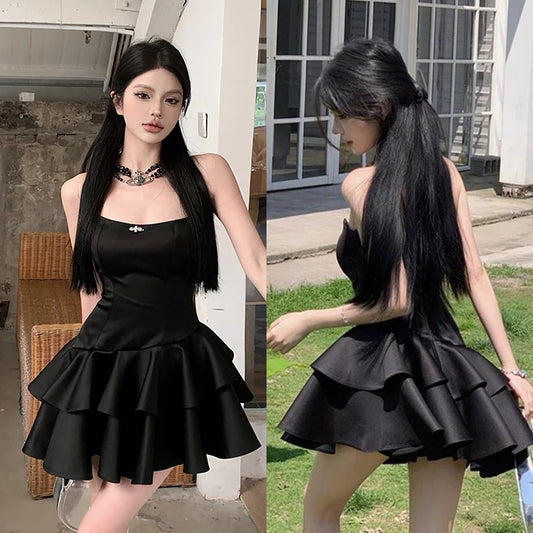 Summer Irregular Strapless Women Sexy A-Line Party Tiered Balck Mini Dress