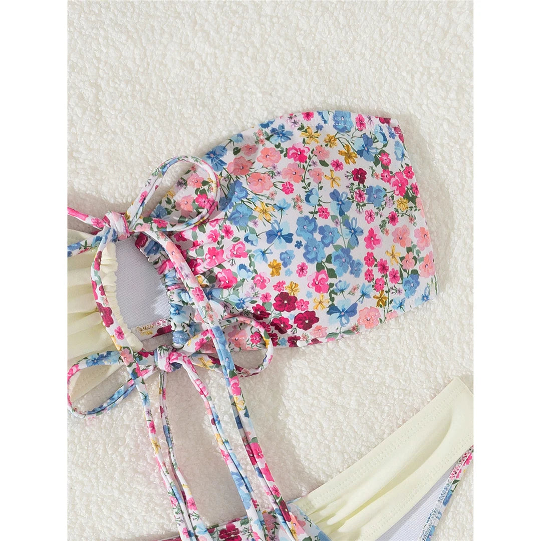 Sexy Flowers Printed Bandeau Splicing Bikini Women Swimwear Female Swimsuit Two-pieces Bikini set Bather Bathing Suit Swim V6029