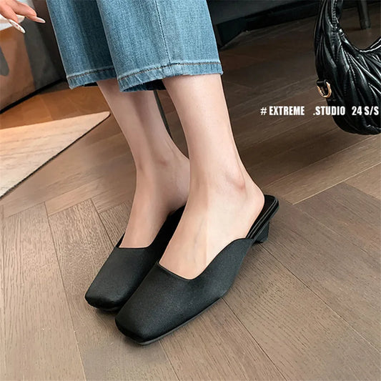 Heel Women Slippers Square Toe Prom Dress Shoes Woman Summer Mules Satin High Heel Pumps Gladiator Sandals