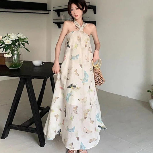 Fashion Causal Travel Women French Butterfly Printed Hanging Neck Dress Summer Gentle Loose Long Dress