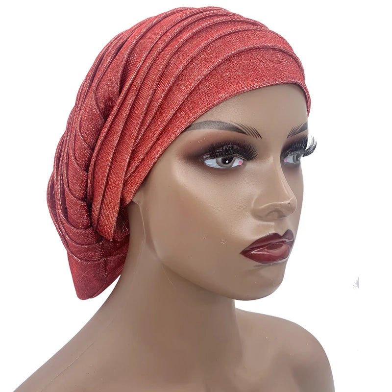 Glitter Full Body Pleated Turban Cap for Women 2023 Lady Head Wraps Muslim Headscarf Hat Turbante Mujer African Headpiece