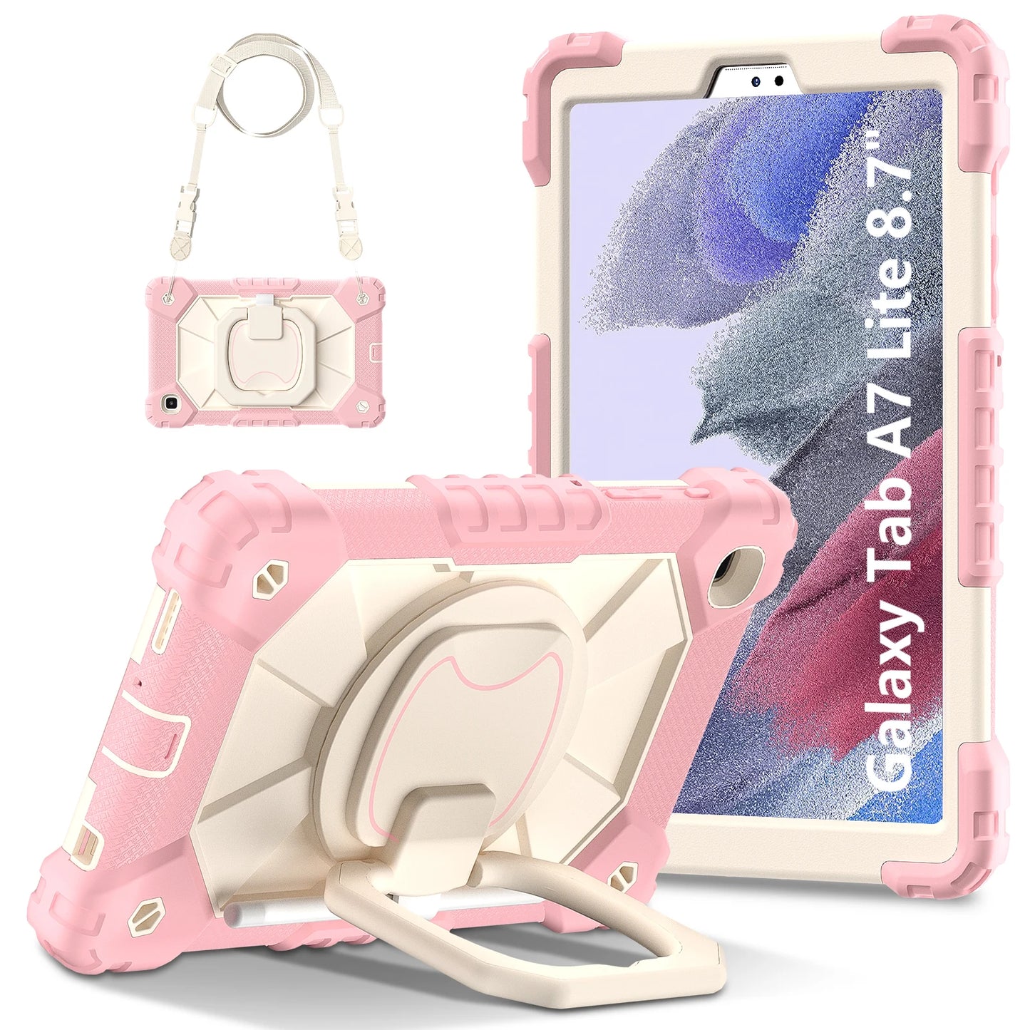 Armor Stand Case For Samsung Galaxy Tab A7 Lite 8.7 2021 SM-T220 SM-T225 Heavy Duty Cover With Neck Strap Rotatble Handle Grip