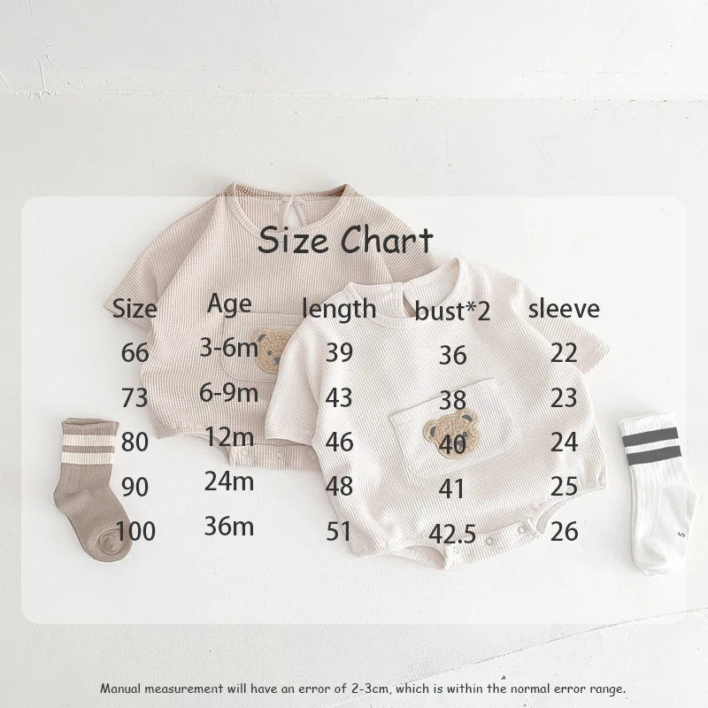 Summer Soft Waffle Baby Girls Clothing Set Front Pocket Bear Tee and Shorts 2Pcs Infant Boys Short Sleeved Suit