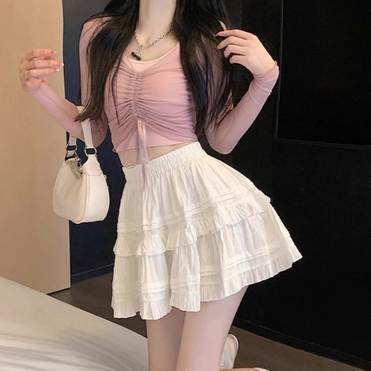 Fashionable White Black Korean Style Sweet High Waist Cake Skirt For Women