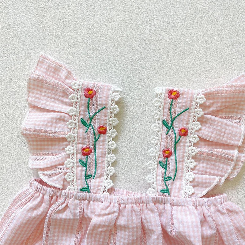 Summer Baby Girls Clothing Toddler bodysuit Plaid Embroidery Flower Jumpsuit with Headband