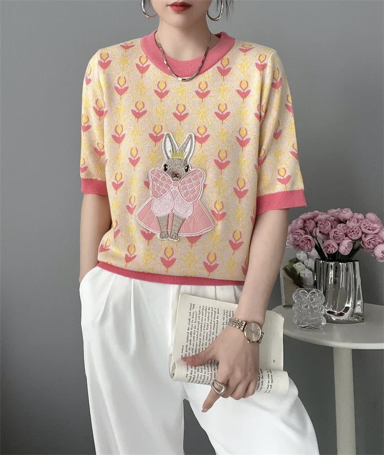 New Summer Women Knitted Sweater European Style Cartoon Pattern Fashion Jacquard Round Neck Short Sleeve Casual Jumpers Knitwear