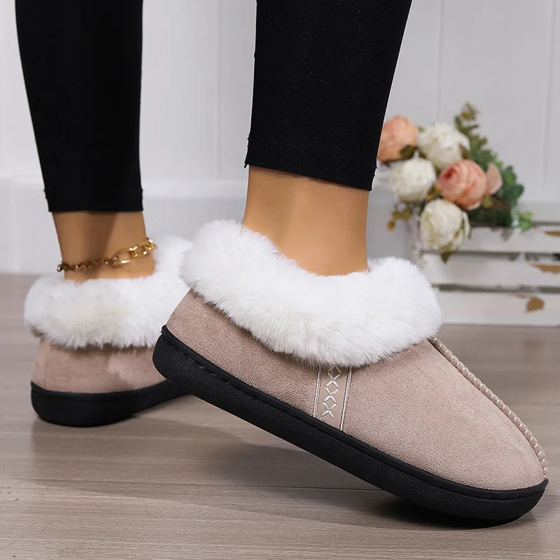 2024 Winter Warm Fur Indoor Home Slippers Women Faux Suede Closed Toe Couple Slippers Woman Comfort Soft Sole House Shoes Slides