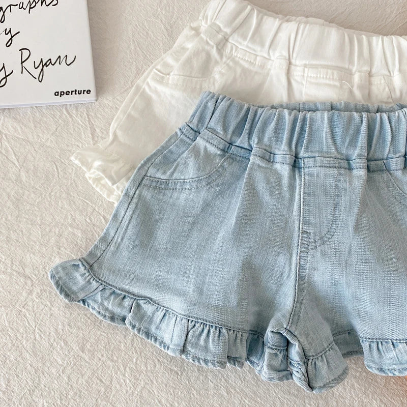 Summer Kids Shorts Solid Brief Denim Girls Ruffle Shorts Children Clothes Teenage Girl Jeans