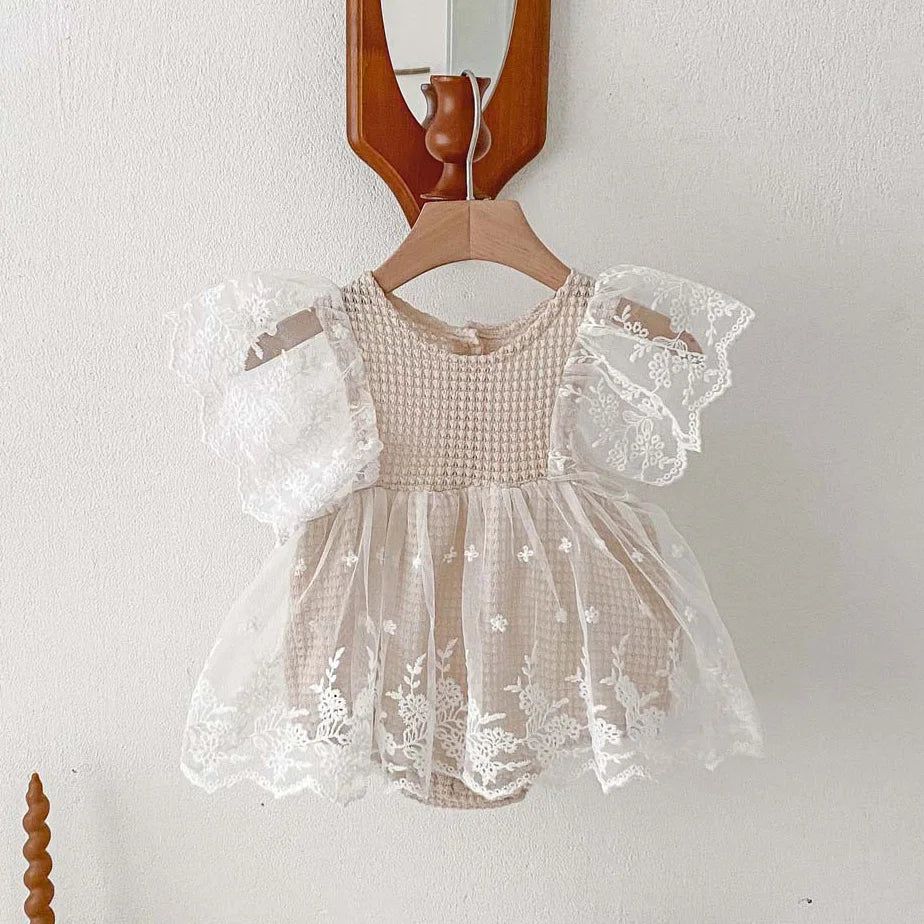 Summer Baby Clothes Lace Flying Sleeve Toddler Bodysuit Waffle One Piece Baby Girls Party Clothes