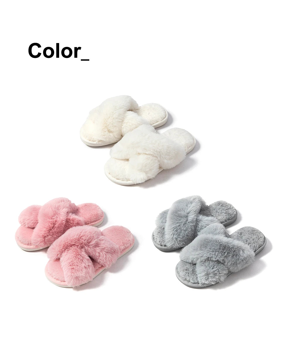 Feslishoet Women Fuzzy Slippers Cross Band Soft Plush Cozy House Shoes Furry Open Toe Indoor Outdoor Slip Warm Anti Skid Sole