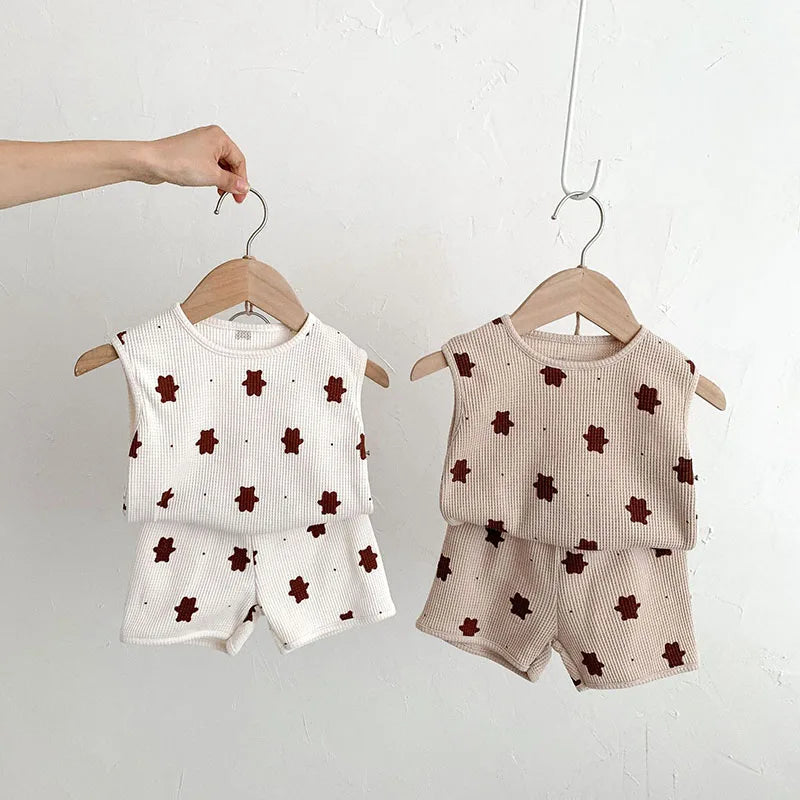 Summer Baby Clothes Set Infant Girs Waffle Bear Vest And Shorts 2 PCS Toddler Outfit Boys Tee Suit