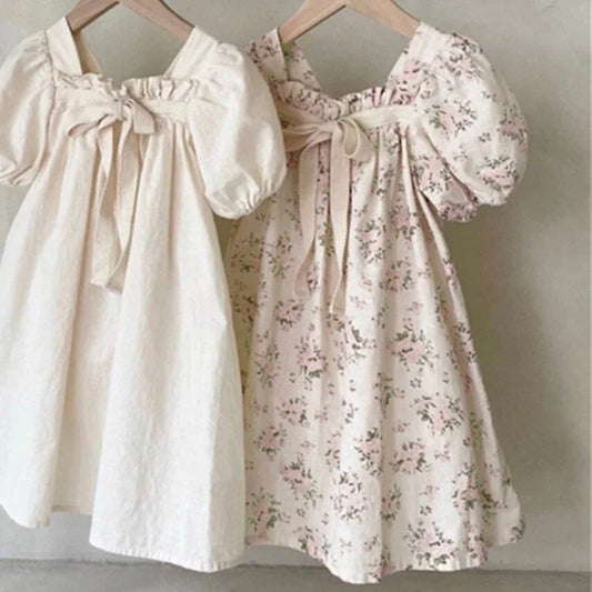 Summer New Girl Dress Sweet Bubble Sleeve Floral Party Dress For Girls Kids Cute Bow Outfit