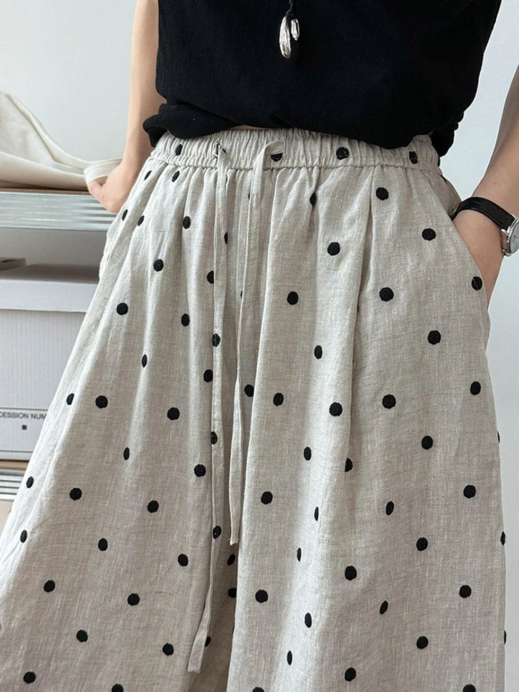 [EAM] High Elastic Waist Linen Dot Embroidery Wide Leg Long Pants New Trousers Women Fashion Tide Spring Autumn 2025 1DJ1548