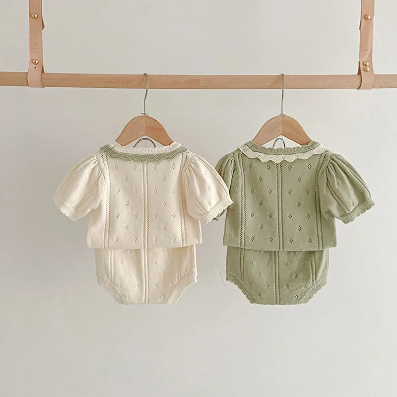 Summer Baby T-shirt Clothing Set Infant Baby Hollow Out Knit Tee and Shorts 2 Pcs Toddler Outfit