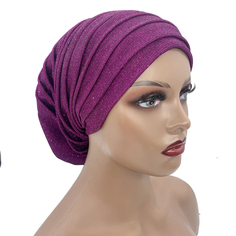 Glitter Full Body Pleated Turban Cap for Women 2023 Lady Head Wraps Muslim Headscarf Hat Turbante Mujer African Headpiece