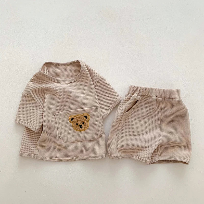 Summer Soft Waffle Baby Girls Clothing Set Front Pocket Bear Tee and Shorts 2Pcs Infant Boys Short Sleeved Suit