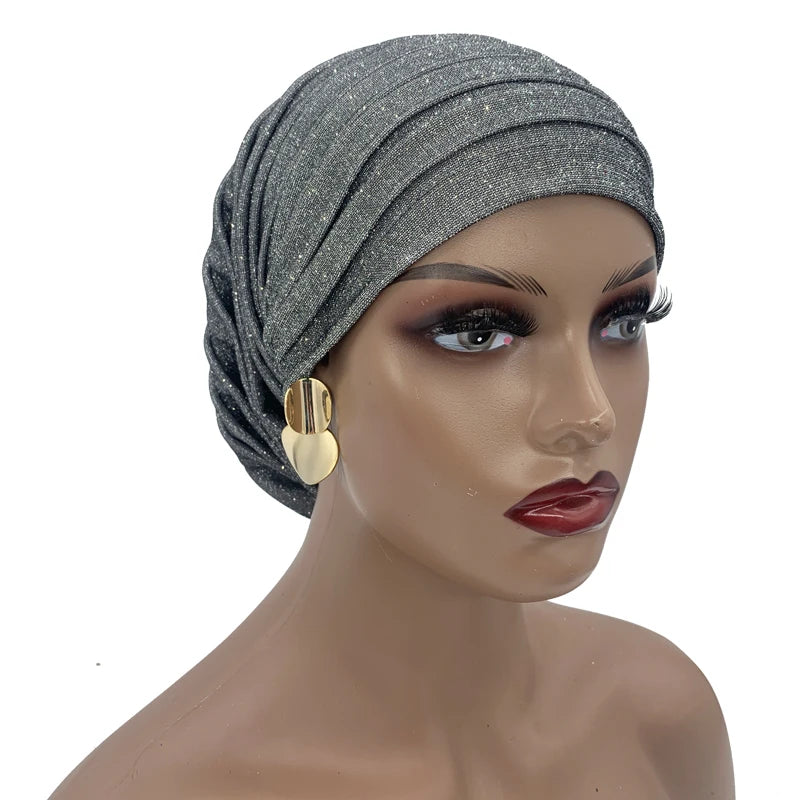 Glitter Full Body Pleated Turban Cap for Women 2023 Lady Head Wraps Muslim Headscarf Hat Turbante Mujer African Headpiece