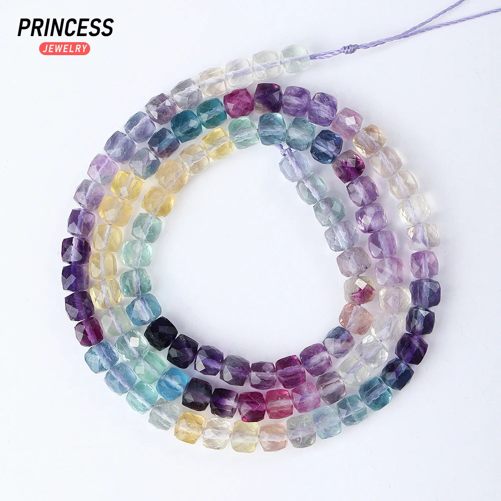 A++ Natural 4mm Colorful Fluorite Cube Faceted Beads for Jewelry Making Bracelet Necklace Wholes DIY Stone Beads Accessories