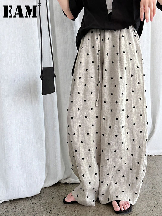 [EAM] High Elastic Waist Linen Dot Embroidery Wide Leg Long Pants New Trousers Women Fashion Tide Spring Autumn 2025 1DJ1548