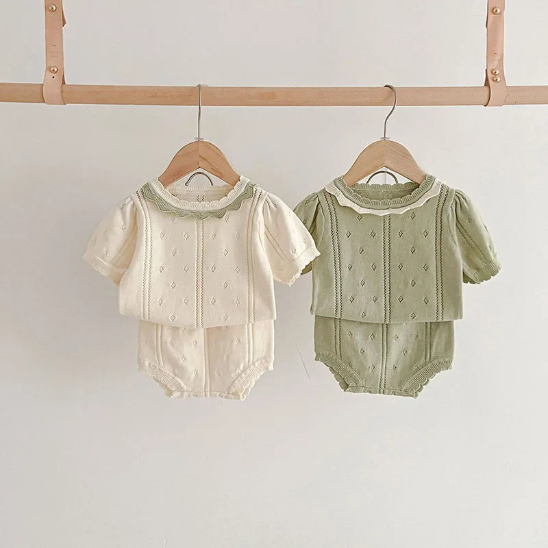 Summer Baby T-shirt Clothing Set Infant Baby Hollow Out Knit Tee and Shorts 2 Pcs Toddler Outfit