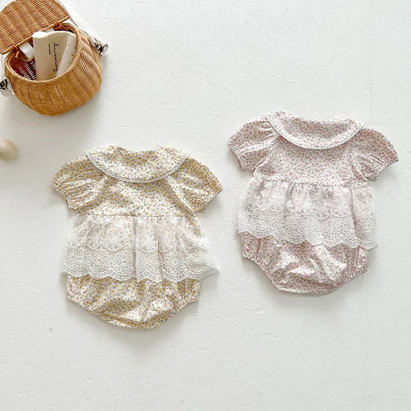 Summer Floral Lace Baby Bodysuit Lovely Pinky One Piece Girls Outwear Baby Clothes