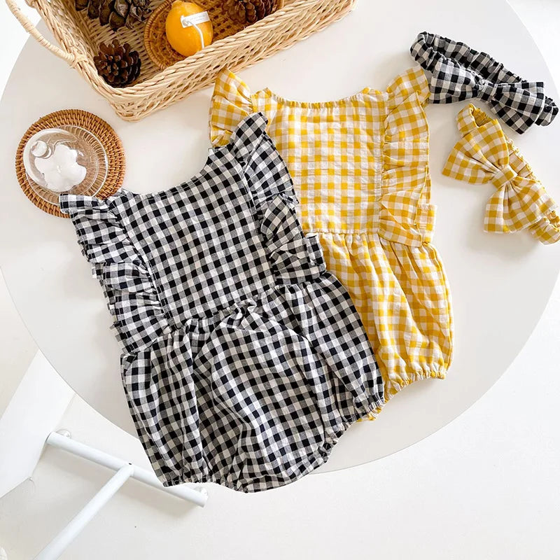 Summer Baby Bodysuits Sweet Flare Sleeve Plaid Baby Girls Bodysuit With Headband Newborn One Piece Infant Outfit