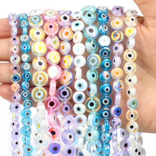 8mm Evil Eye Millefiori Lampwork Glazed Glass Bead AB Colors Flat Round Disc Beads for Jewelry Making Bracelets Accessories 15''