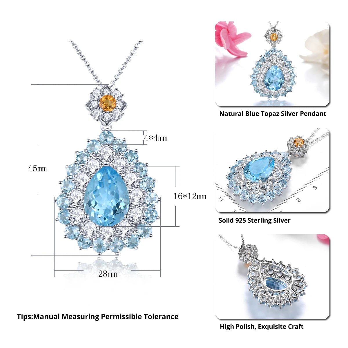 Natural Sky Blue Topaz Pendant 23 Carats Genuine Topaz Citrine Multicolor Original Design S925 Fine Jewelry Gifts Top Quality