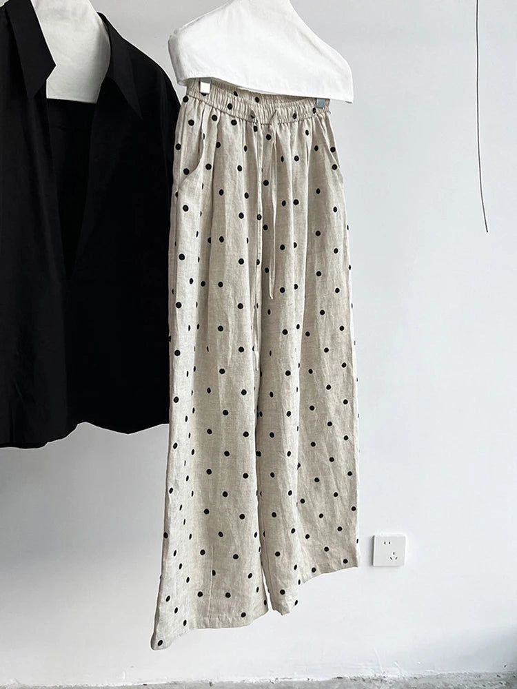 [EAM] High Elastic Waist Linen Dot Embroidery Wide Leg Long Pants New Trousers Women Fashion Tide Spring Autumn 2025 1DJ1548