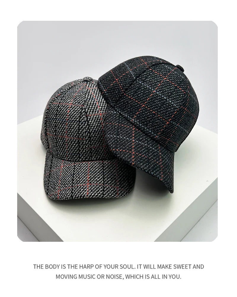 Autumn and Winter New Men Women Warm Woolen Cloth Versatile Baseball Caps Cotton Fashion Casual Retro Check British Style Trend