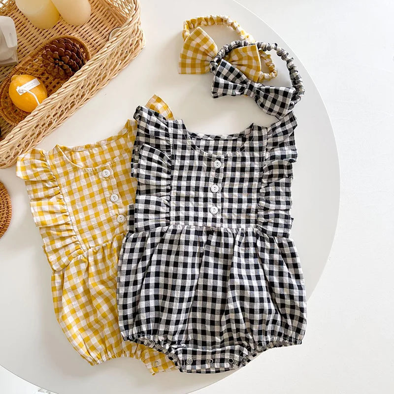 Summer Baby Bodysuits Sweet Flare Sleeve Plaid Baby Girls Bodysuit With Headband Newborn One Piece Infant Outfit