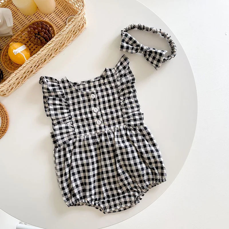 Summer Baby Bodysuits Sweet Flare Sleeve Plaid Baby Girls Bodysuit With Headband Newborn One Piece Infant Outfit