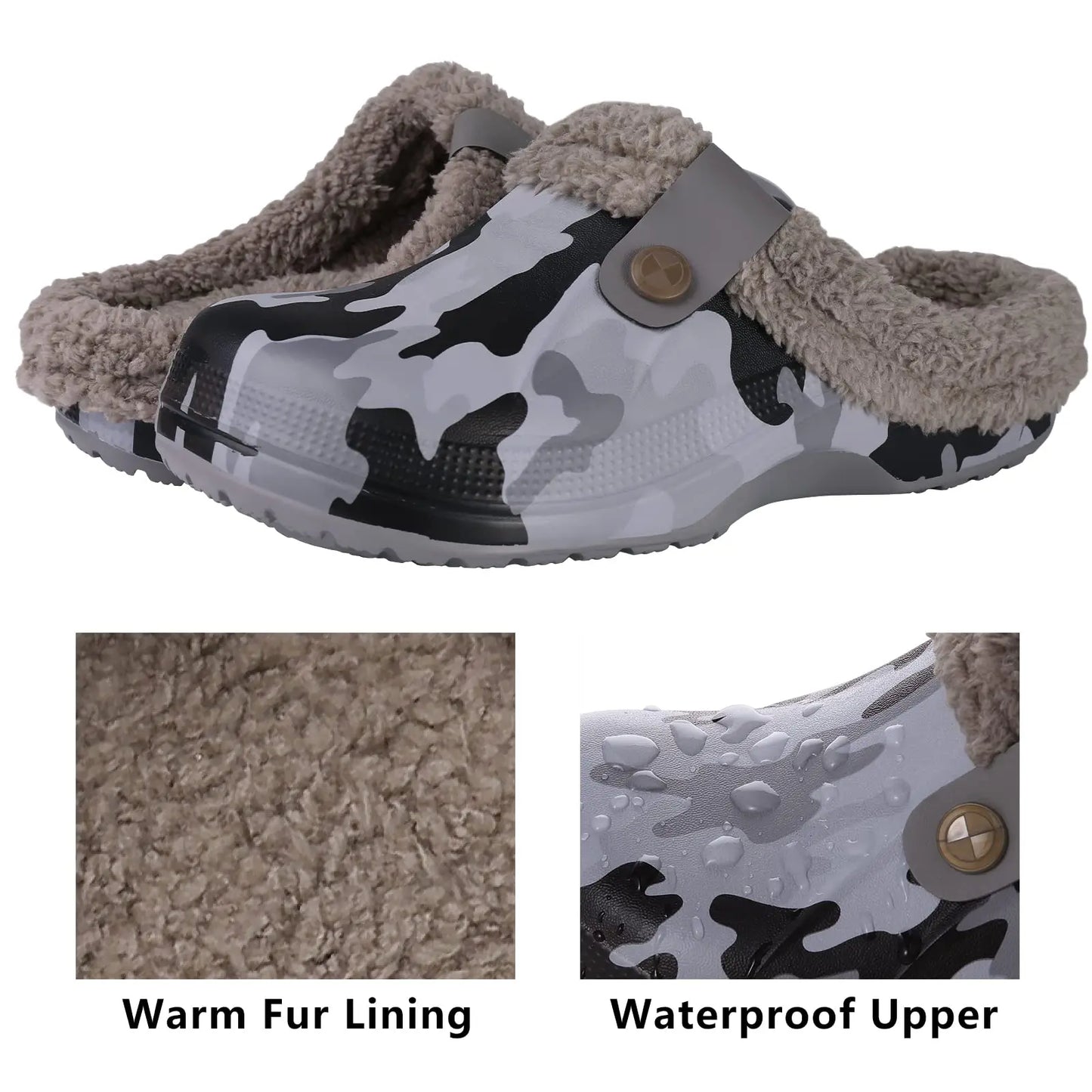 Shevalues Fuzzy Men Clogs Slippers Winter Fur Men Slippers Waterproof Garden Shoes Men Warm House Shoes Anti-slip Fur Slippers