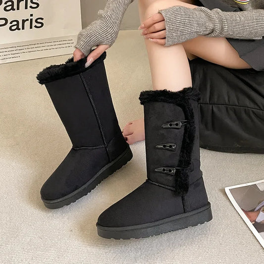 Women's Snow Boots Winter Plush Ankle Boots Warm Non-slip Platform Cold Comfort Cotton Shoes Women's Horn Buckle Cotton Boots