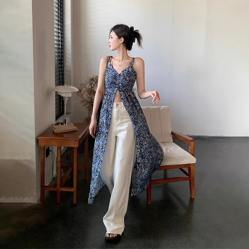 Floral V-neck Spaghetti Strap Dress Women's Summer Split A-line Long Dresses