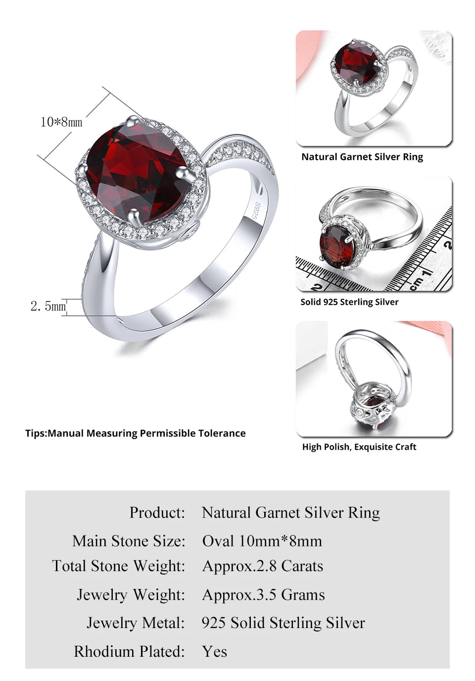 Natural Garnet 925 Sterling Silver Ring 2.8 Carats Genuine Gemstone Birthday Gift Classic Style Fine Jewelry