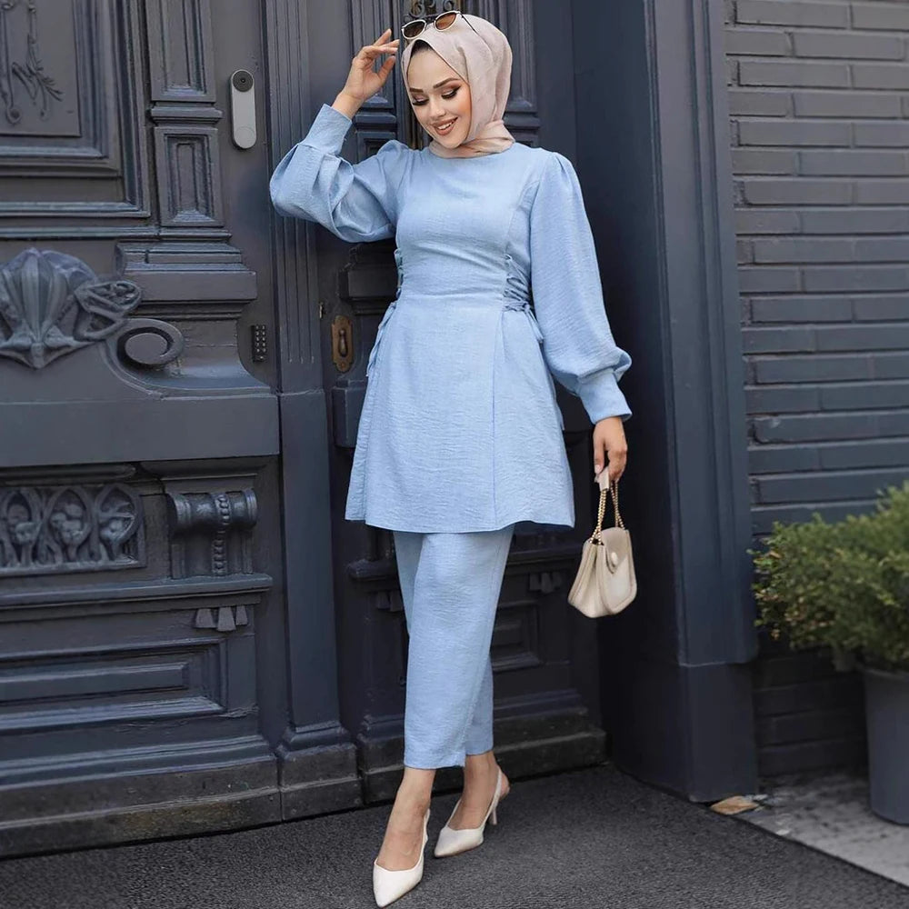 Fashion Women's Muslim Blouse Pant Set Spring Autumn Long Sleeves Ladies Islamic Suit Slim Fit Muslim Clothing Wholesale