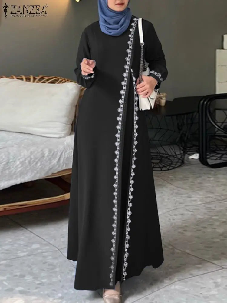 Spring Lace Crochet Maxi Dress Muslim Turkey Abaya Elegant Loose Vestidos Women Long Sleeve O Neck IsIamic Robe Kaftan