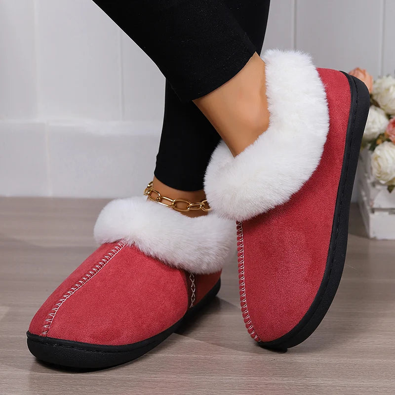 2024 Winter Warm Fur Indoor Home Slippers Women Faux Suede Closed Toe Couple Slippers Woman Comfort Soft Sole House Shoes Slides