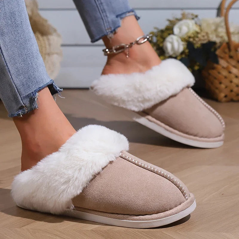 Lucyever 2023 Winter Fur Slippers Women Faux Suede Fluffy Furry Home Slides Woman Comfort Non Slip Indoor Floor Cotton Shoes 45