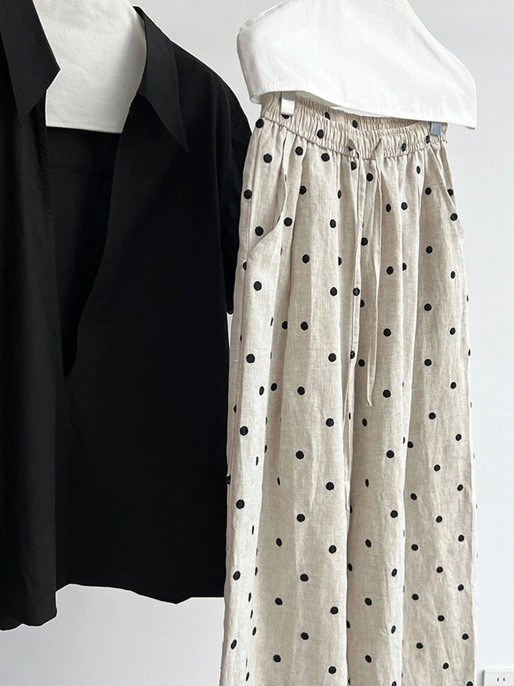 [EAM] High Elastic Waist Linen Dot Embroidery Wide Leg Long Pants New Trousers Women Fashion Tide Spring Autumn 2025 1DJ1548