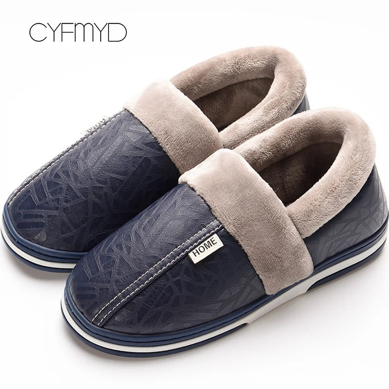 Warm Home Slippers for Men Massage Memory Foam Winter Household Slippers for Male Indoor Shoes Leather Non-Slip Plus Size 50 51