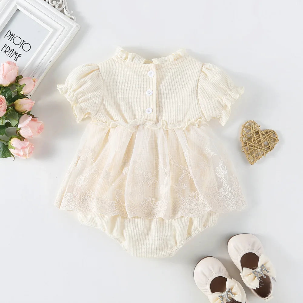 Summer Baby Clothes Infant Waffle Sweet Puff Sleeve Lace Bodysuits Toddler Girls One Piece