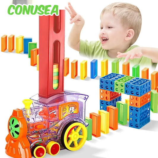 Children's Dominos Train Car Set with Sound Light Automatic Laying Domino Block Game Building Blocks Educational Toys for Kids