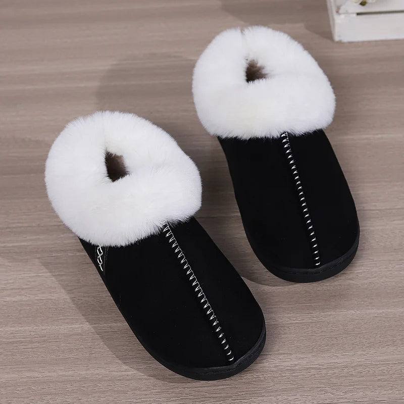 2024 Winter Warm Fur Indoor Home Slippers Women Faux Suede Closed Toe Couple Slippers Woman Comfort Soft Sole House Shoes Slides